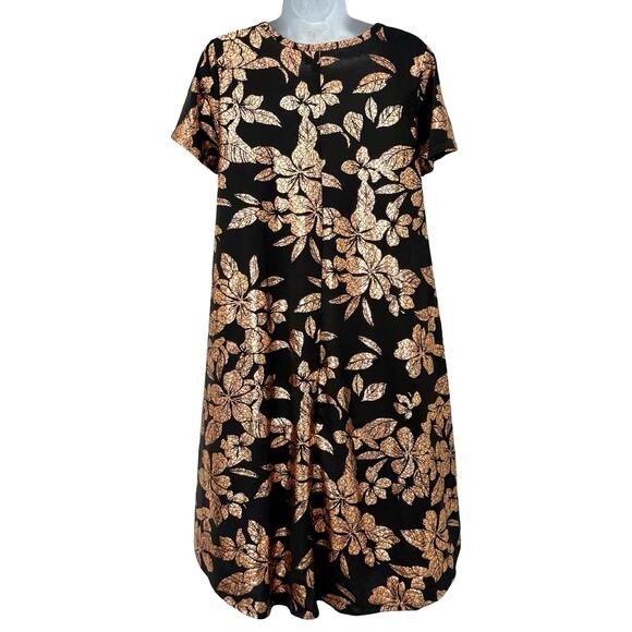 Lularoe Carly Metallic Gold Foil Floral Black Shirt Short Sleeve Dress size XS - Picture 2 of 11